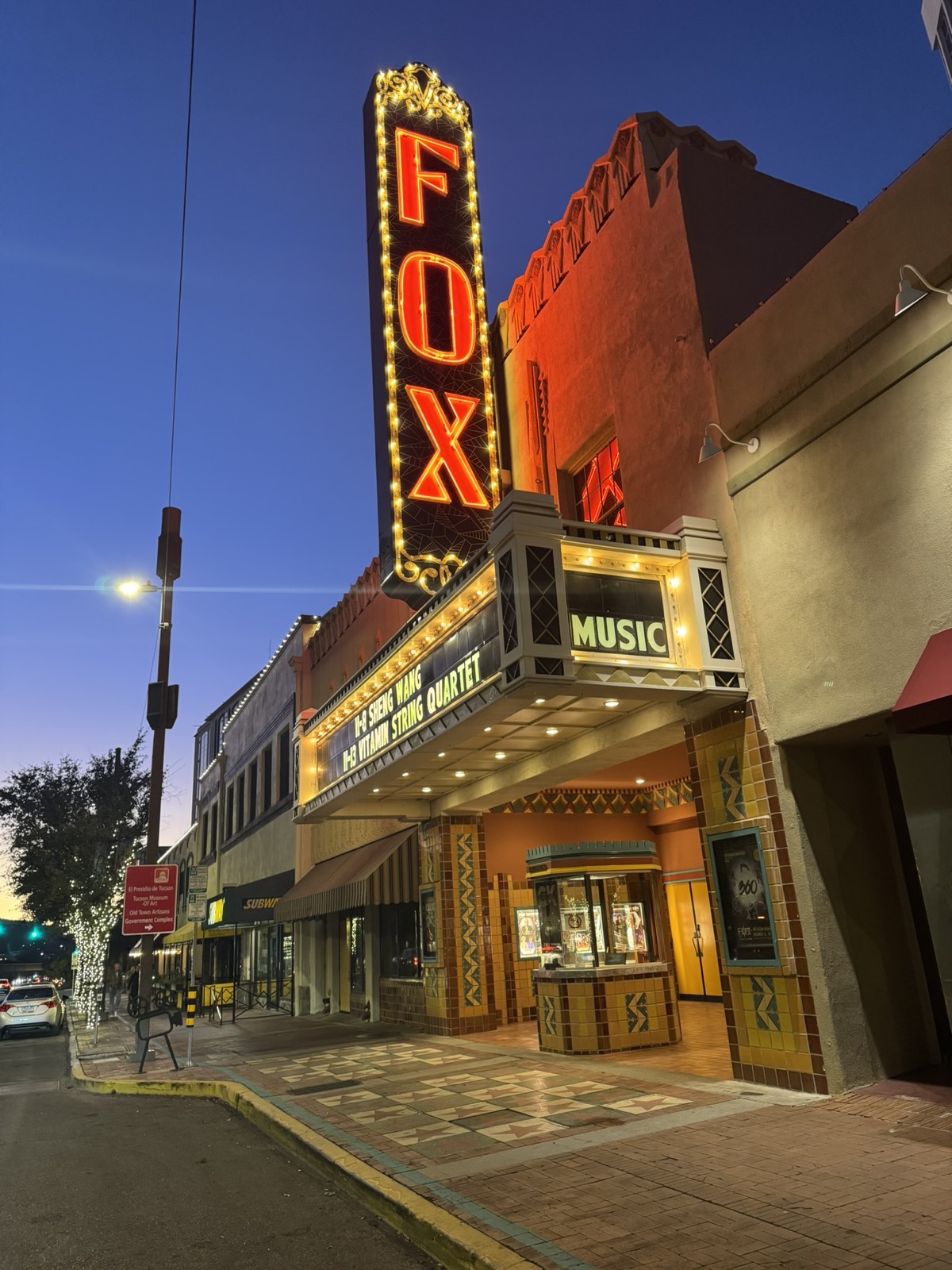 The Fox Theatre neon sign against the Tucson dusk sky