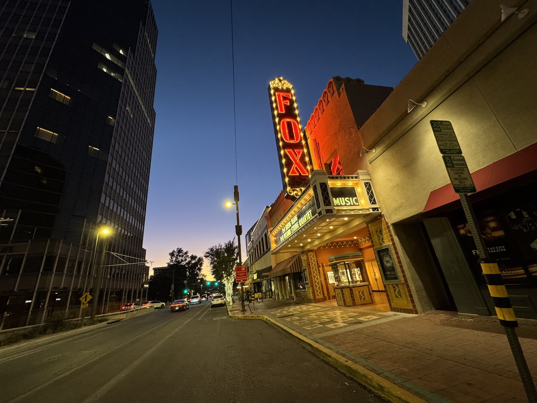 The Fox Theatre neon marquee at dusk in downtown Tucson