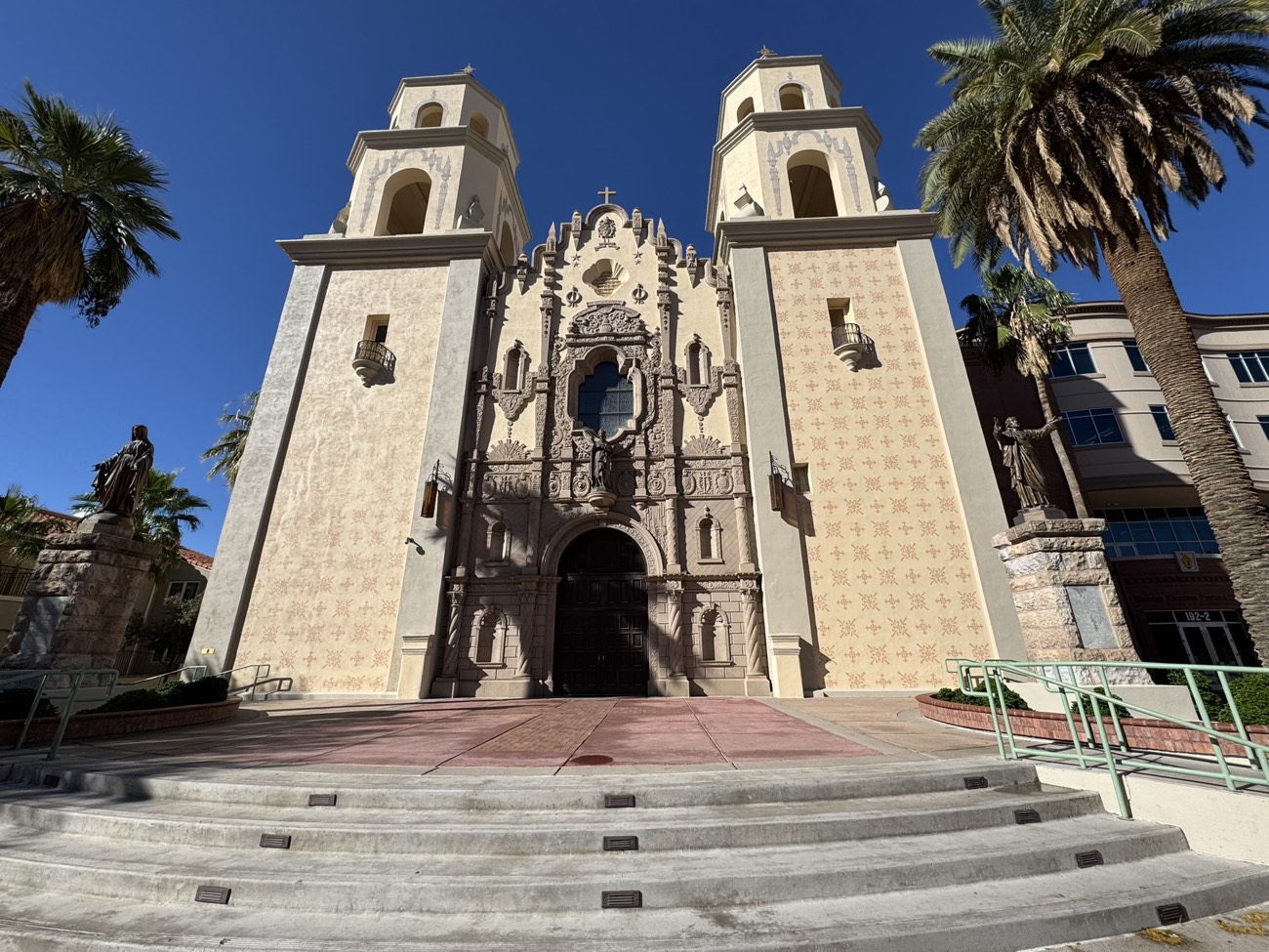 The carved facade and towers of St. Augustine Cathedral in Tucson